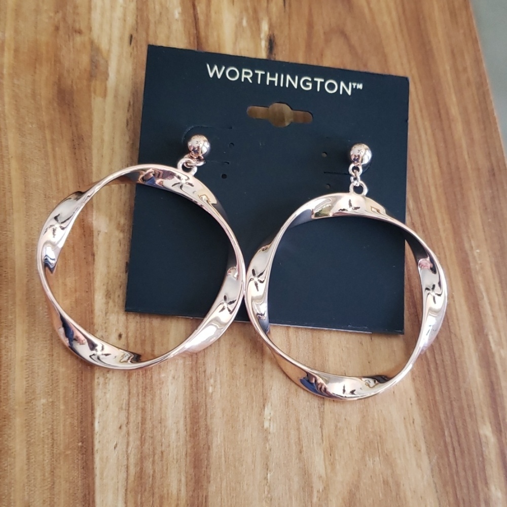 Worthington Rose gold twisted drop hoop earrings